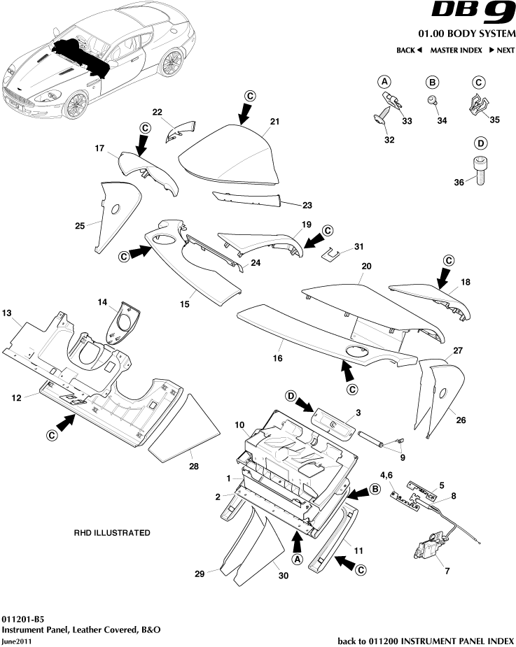 Console and Switches - Instrument Panel, Leather, B&O of Aston Martin Aston Martin GT DB9 (2004-2017)