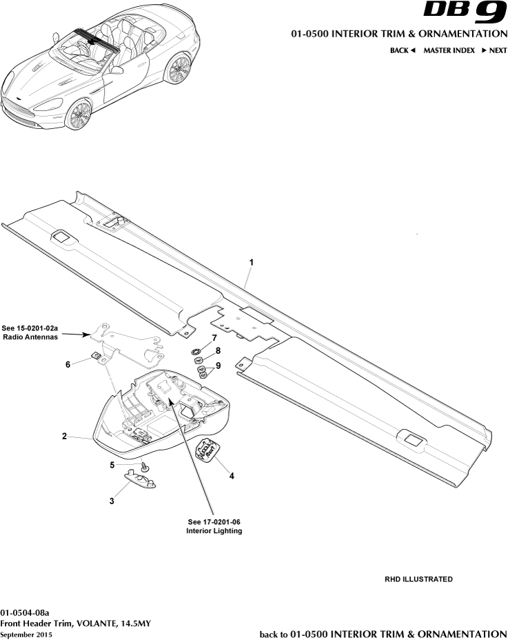 Interior Trim & Ornamentation - Front Header Trim, Volante, 14.5MY of Aston Martin Aston Martin GT DB9 (2004-2017)