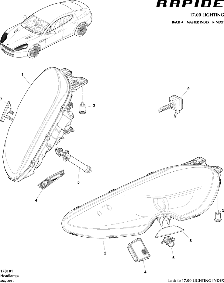 Headlights of Aston Martin Aston Martin GT RAPIDE (2010-2019)