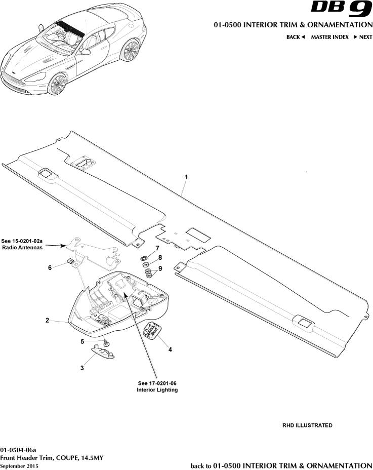 Interior Trim & Ornamentation - Front Header Trim, Coupe, 14.5MY of Aston Martin Aston Martin GT DB9 (2004-2017)