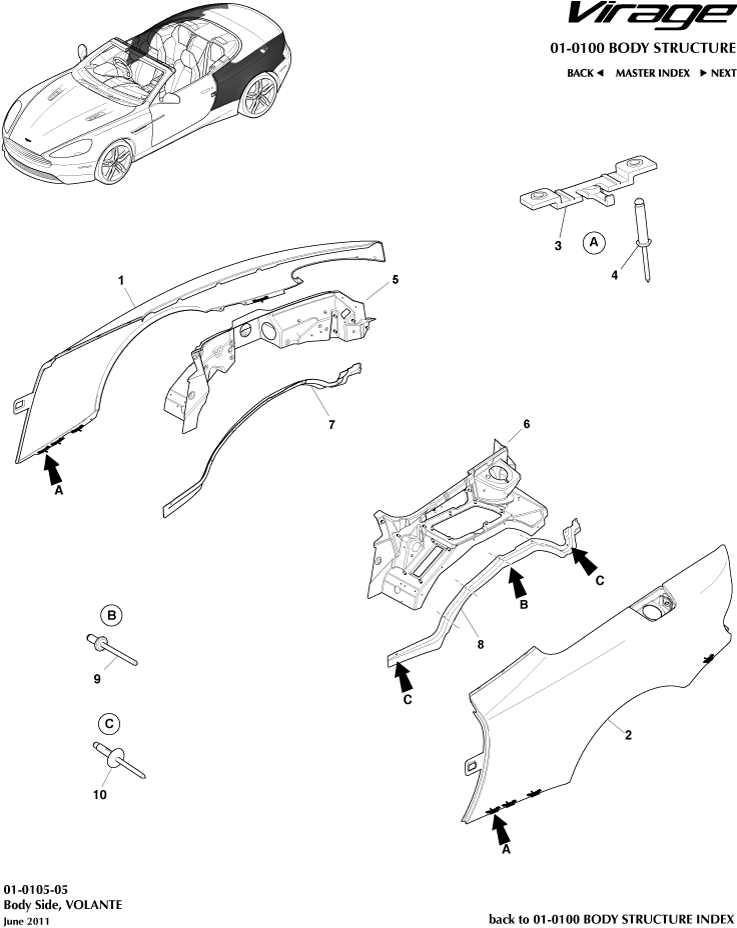 Body Structure - Body Side, Volante of Aston Martin Aston Martin GT VIRAGE (2012-2013)