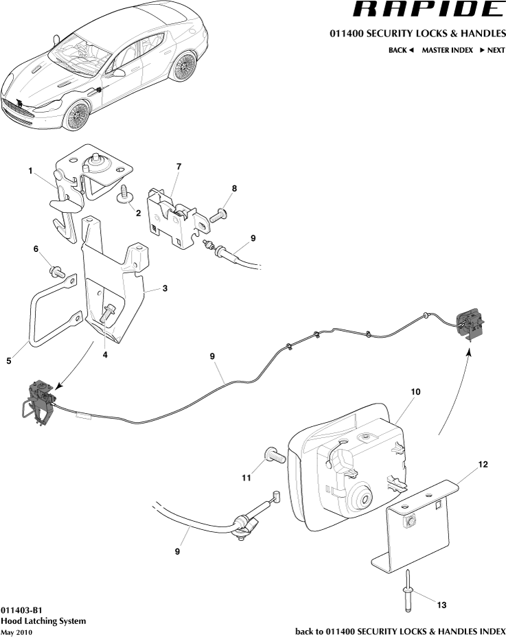 Handles & Locks Mechanisms - Hood Latch System of Aston Martin Aston Martin GT RAPIDE (2010-2019)