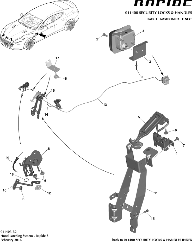 Handles & Locks Mechanisms - Hood Latch System, 'S' of Aston Martin Aston Martin GT RAPIDE (2010-2019)