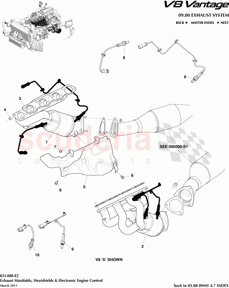 Exhaust Manifolds, Heatshields and Electronic Engine Control of Aston Martin Aston Martin V8 Vantage (upto 2016)