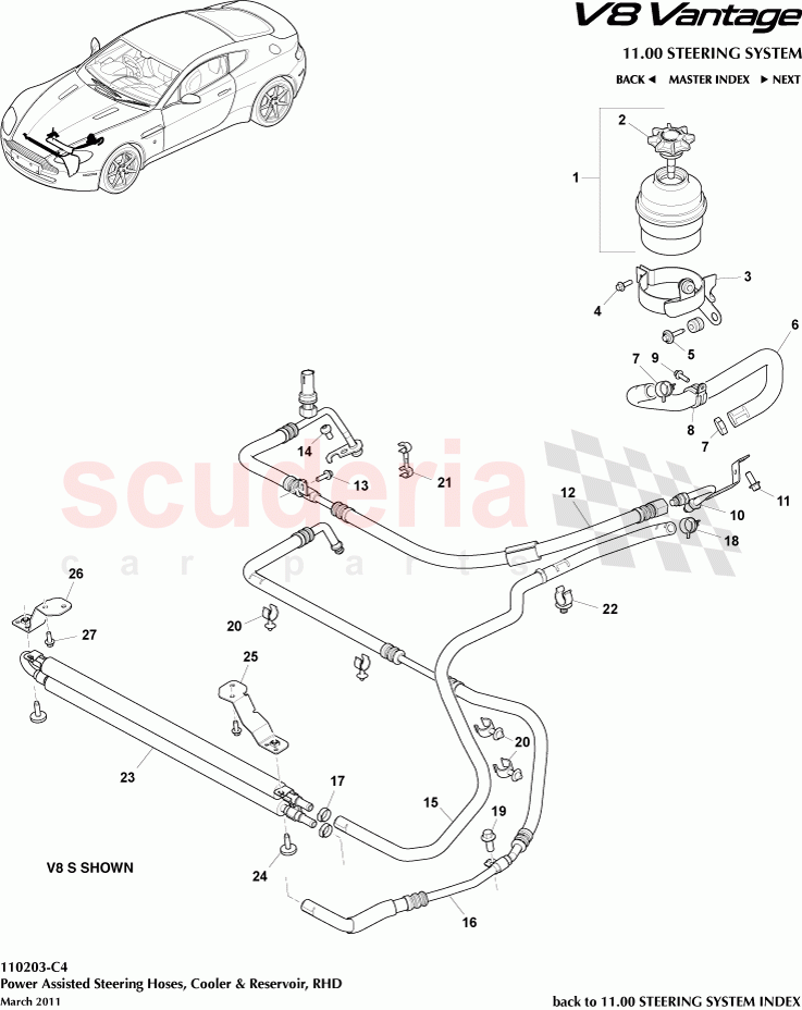 Power Assisted Steering Hoses, Cooler and Reservoir (RHD) of Aston Martin Aston Martin V8 Vantage (upto 2016)