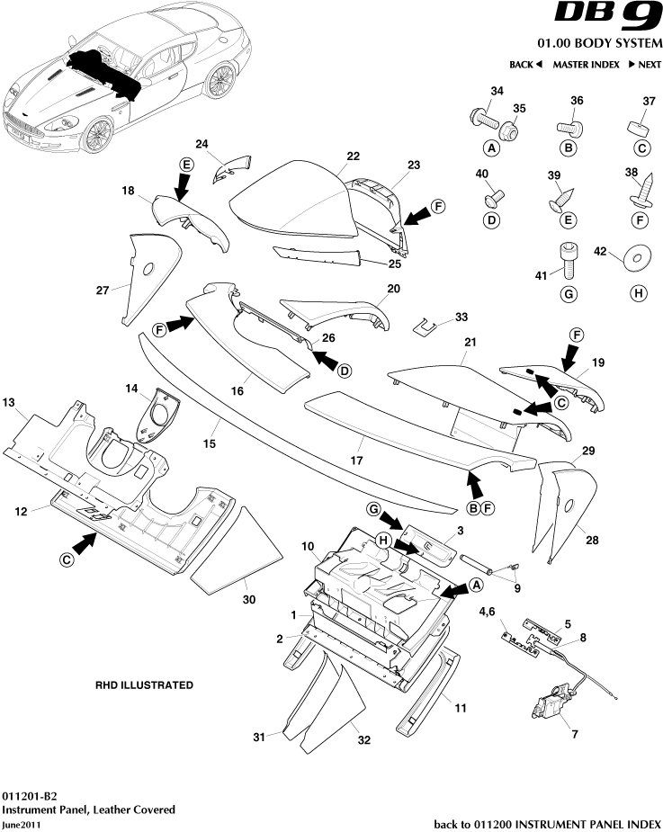 Console and Switches - Instrument Panel, Leather of Aston Martin Aston Martin GT DB9 (2004-2017)
