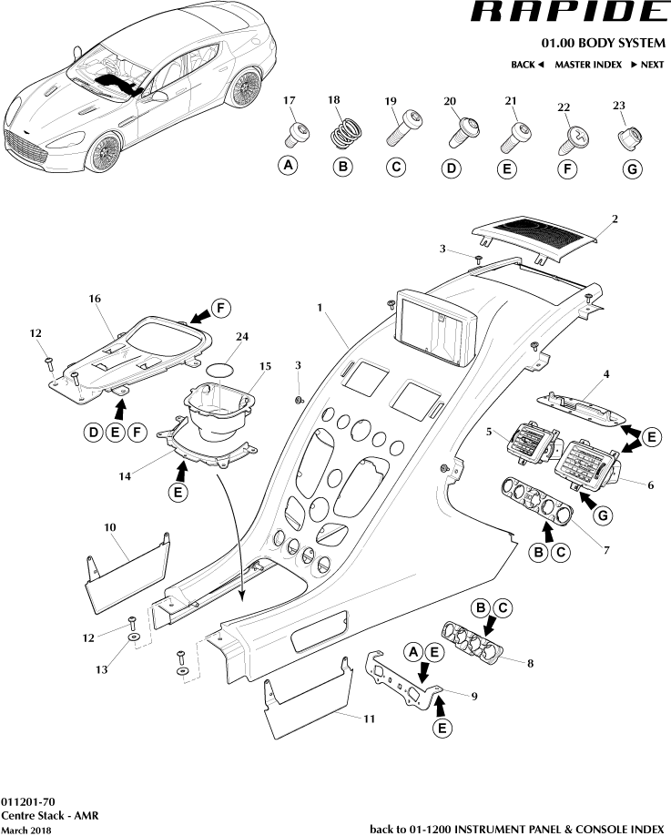 Instrument and Console Panels - Centre Stack Trim Panel, 'AMR' of Aston Martin Aston Martin GT RAPIDE (2010-2019)