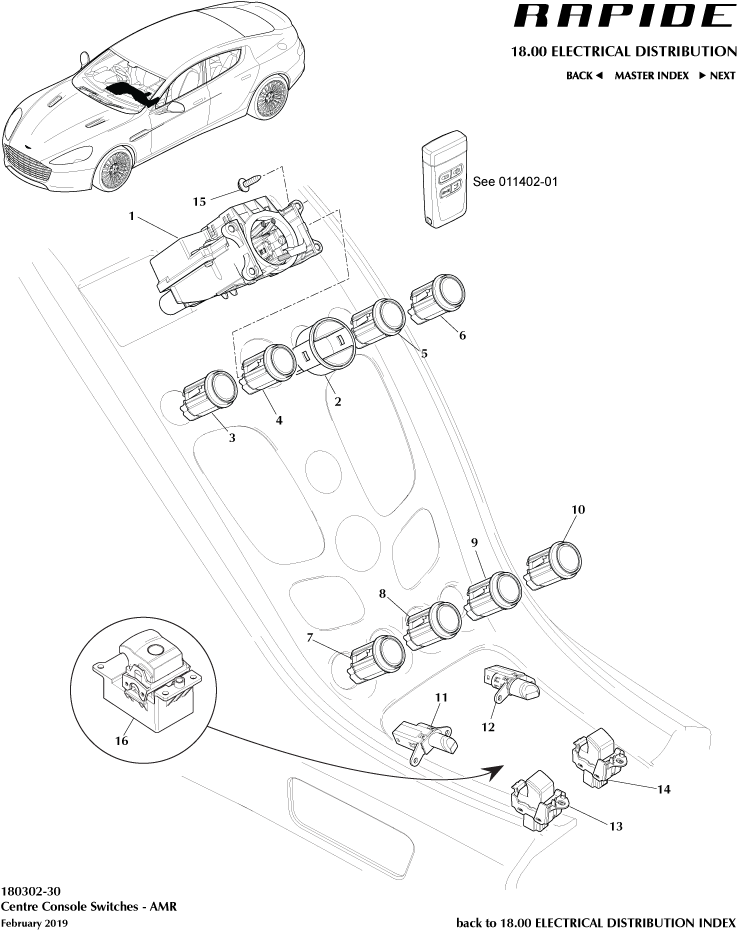 Centre Console Switches, 'AMR' of Aston Martin Aston Martin GT RAPIDE (2010-2019)