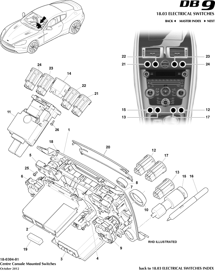Electrical Switches - Centre Console Switches, to 16MY of Aston Martin Aston Martin GT DB9 (2004-2017)
