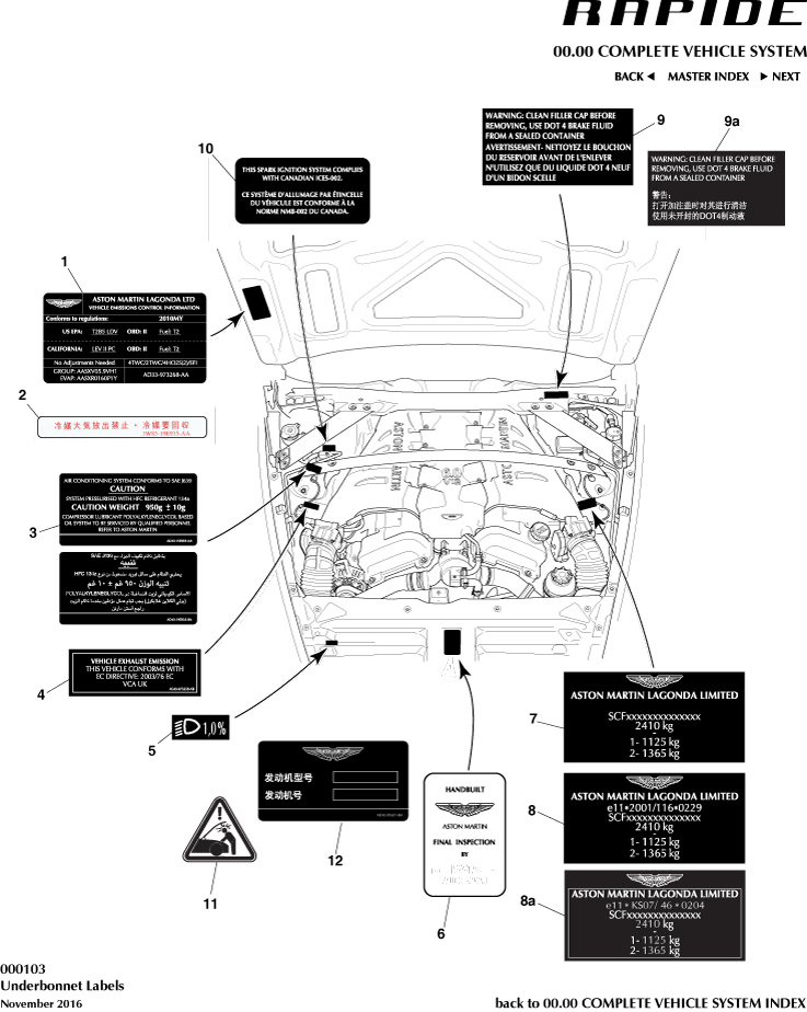 Underbonnet Labels of Aston Martin Aston Martin GT RAPIDE (2010-2019)