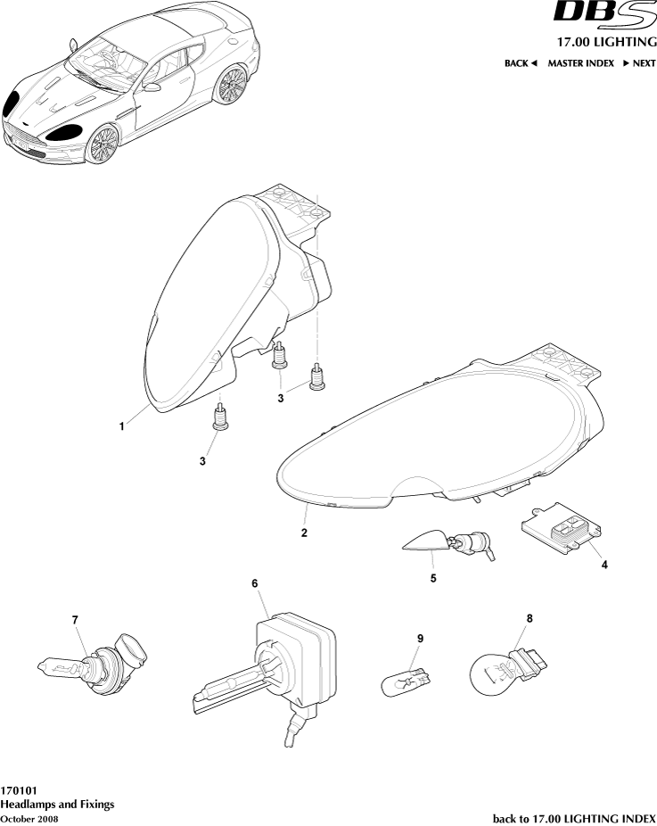 Headlights of Aston Martin Aston Martin GT DBS (2007-2012)