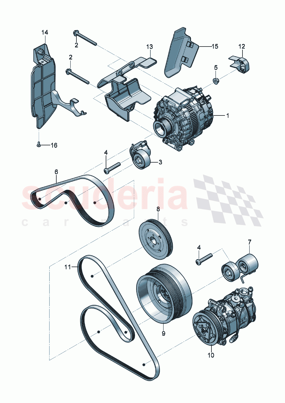 Alternator connecting and mounting parts for alternator Poly-V-belt tensioning lever with idler pulley of Bentley Bentley New Flying Spur (2020-2024)