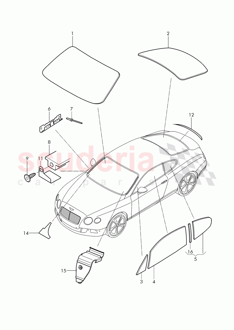 windshield glass, rear and side window of Bentley Bentley Continental GT (2011-2018)