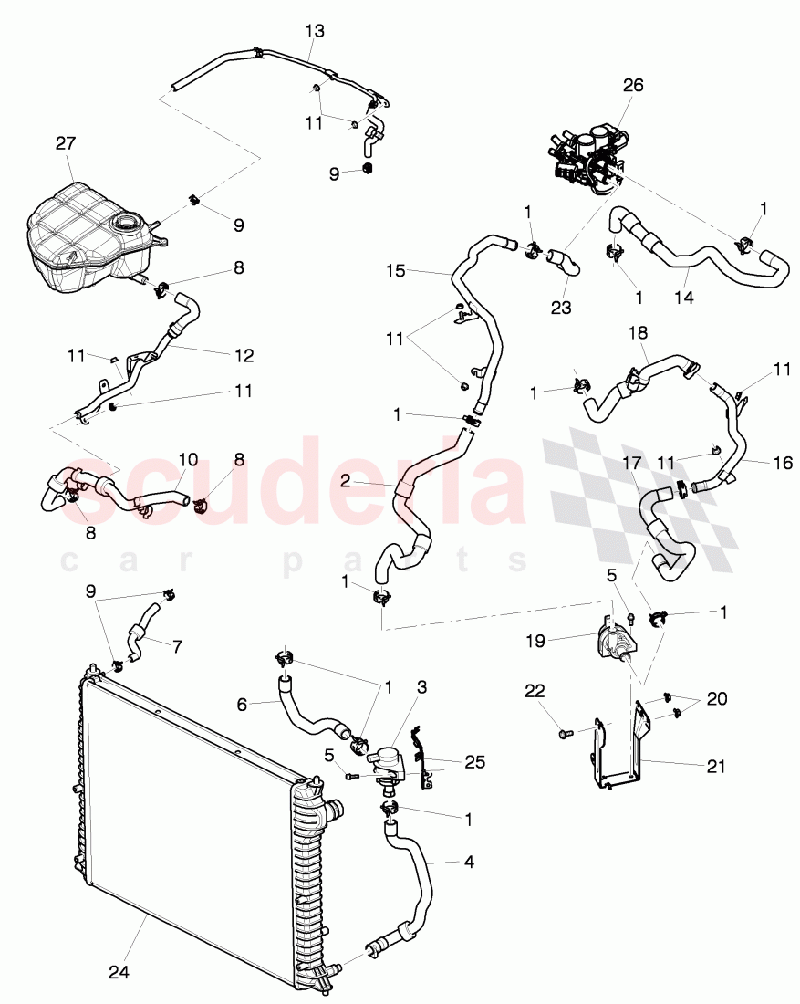 Coolant hoses and pipes, Engine bay, F 3W-6-039 273>> 3W-7-045 224 of Bentley Bentley Continental Flying Spur (2006-2012)