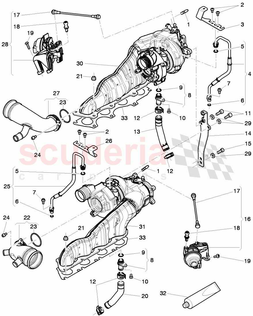 Exhaust gas turbocharger, (water-cooled), oil return line, oil pressure line, Servomotor for turbocharger of Bentley Bentley Continental GTC (2011+)