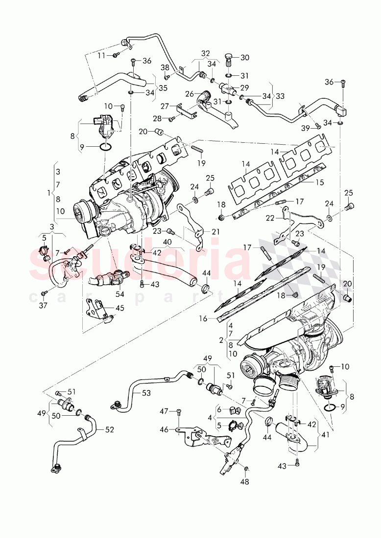 Exhaust gas turbocharger, (water-cooled), oil pressure line, oil return line, F 4V-J-017 261>>, F ZV-J-017 261>> of Bentley Bentley Bentayga (2015-2020)