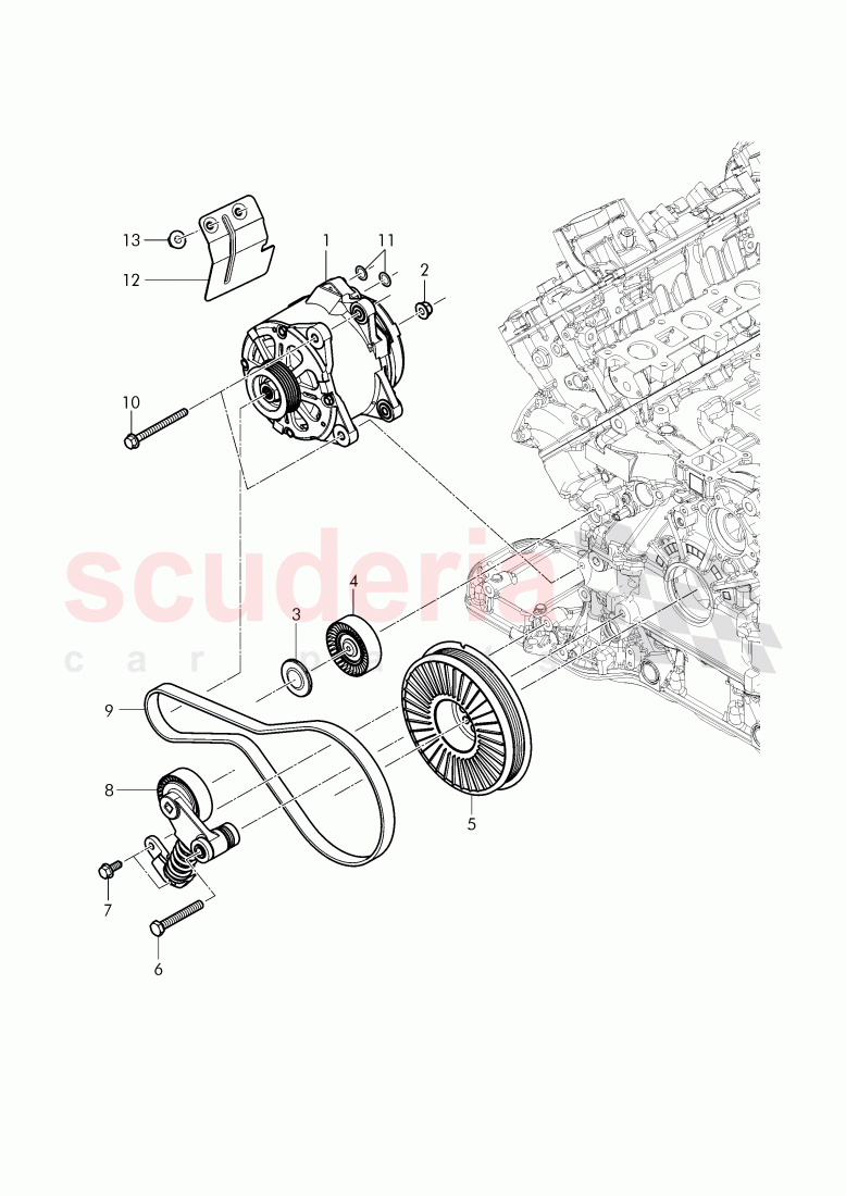 Alternator, connecting and mounting parts, for alternator, v-ribbed belt, tensioning lever with relay, roller of Bentley Bentley Continental Flying Spur (2013+)