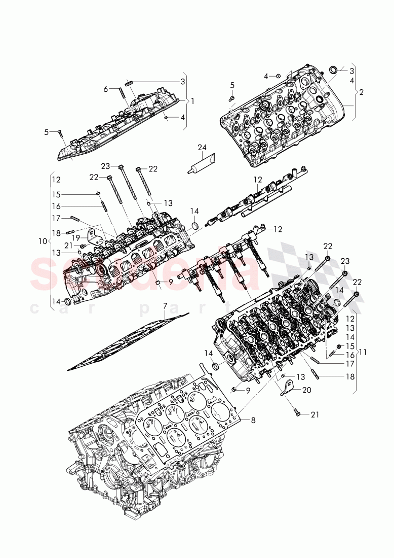 Complete cylinder head, (without camshaft), cylinder head cover, cylinder head gasket, bracket for Engine transport of Bentley Bentley Bentayga (2015-2020)