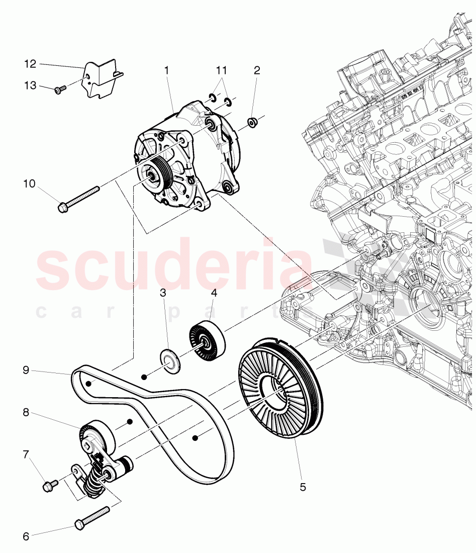 Alternator, connecting and mounting parts, for alternator, v-ribbed belt, tensioning lever with relay, roller, D >> - MJ 2014 of Bentley Bentley Continental GTC (2011+)