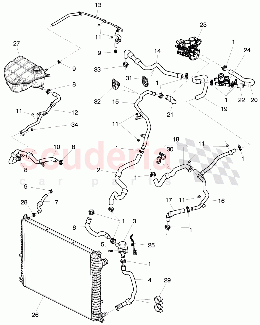 Coolant hoses and pipes, Engine bay, for vehicles with coolant auxiliary heater, D - MJ 2012>> of Bentley Bentley Continental Flying Spur (2006-2012)