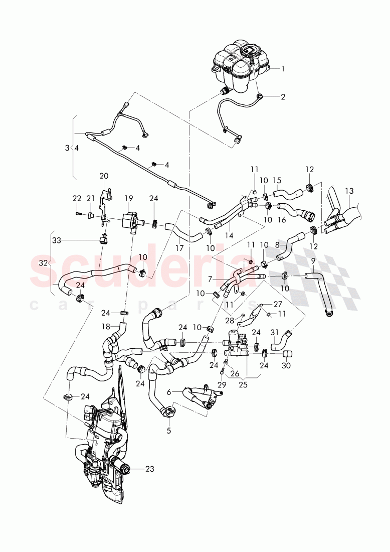 Coolant hoses and pipes, Engine bay, for vehicles with coolant auxiliary heater of Bentley Bentley Bentayga (2015-2020)
