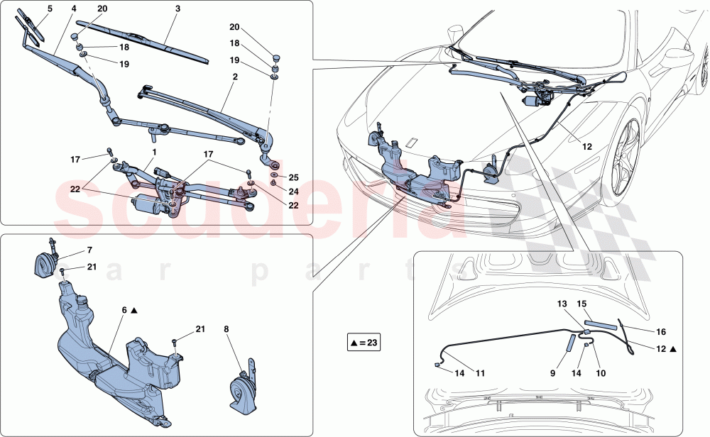 WINDSCREEN WIPER, WINDSCREEN WASHER AND HORNS of Ferrari Ferrari 458 Spider