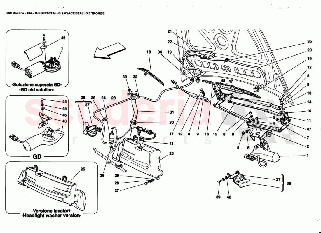WINDSHIELD, GLASS WASHER AND HORNS of Ferrari Ferrari 360 Modena