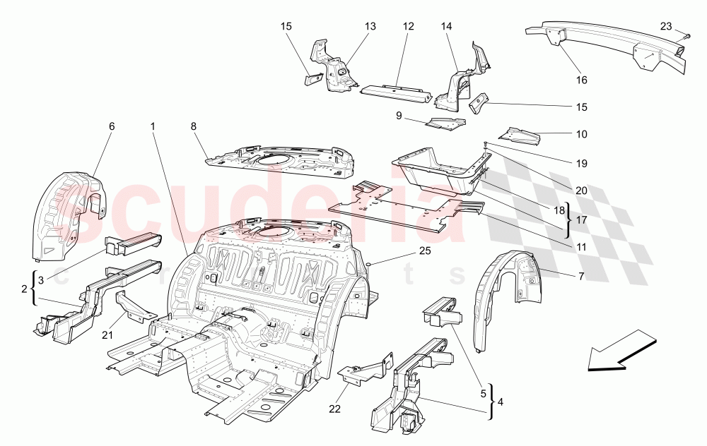 REAR STRUCTURAL FRAMES AND SHEET PANELS of Maserati Maserati GranTurismo (2012-2016) Sport CC