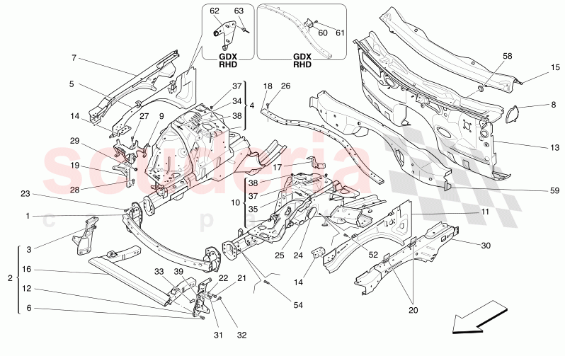 FRONT STRUCTURAL FRAMES AND SHEET PANELS of Maserati Maserati Levante Modena Automatic 3.0 BT V6 4WD 430HP