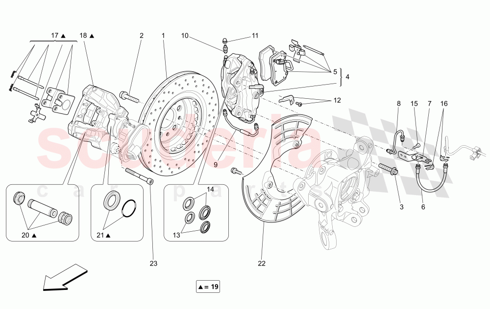 BRAKING DEVICES ON REAR WHEELS (Available with: DUAL CAST BRAKING SYSTEM (FRONT - 360 MM) CAST-IRON (REAR - 345 MM) Not available with: Dual Cast Braking System (Front - 345 mm) ; (Rear - 330 mm) - Coloured brake calipers) of Maserati Maserati Quattroporte (2017+) Diesel