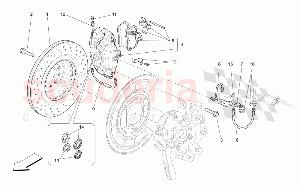 BRAKING DEVICES ON REAR WHEELS (Available with: DUAL CAST BRAKING SYSTEM (FRONT - 360 MM) CAST-IRON (REAR - 345 MM) Not available with: Dual Cast Braking System (Front - 345 mm) ; (Rear - 330 mm) - Coloured brake calipers, Dual Cast Braking System (Front - 345 mm) ; (Rear - 330 mm)) of Maserati Maserati Ghibli (2014-2016) S Q4