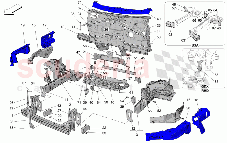 FRONT STRUCTURAL FRAMES AND SHEET PANELS of Maserati Maserati Grecale Folgore Automatic 4WD BEV 400 kW
